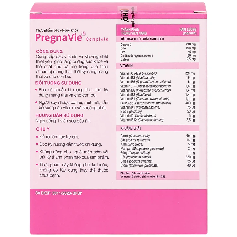 Viên uống PregnaVie Complete MHD cung cấp các vitamin và khoáng chất (3 vỉ x 10 viên)