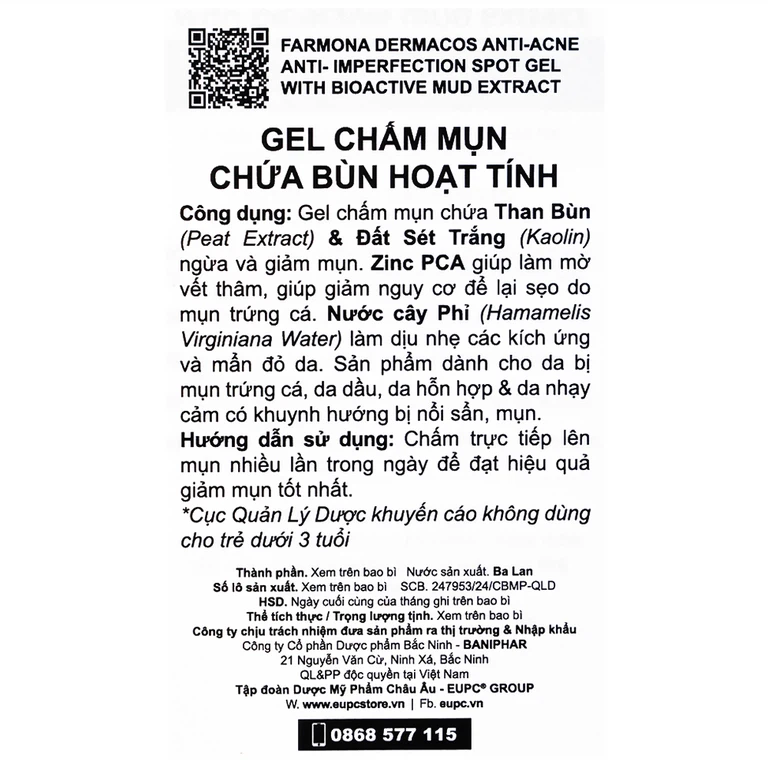 Gel chấm mụn chứa bùn hoạt tính Dermacos Anti-Ance Anti Imperfection Spot Gel giảm và ngăn ngừa mụn (15ml)