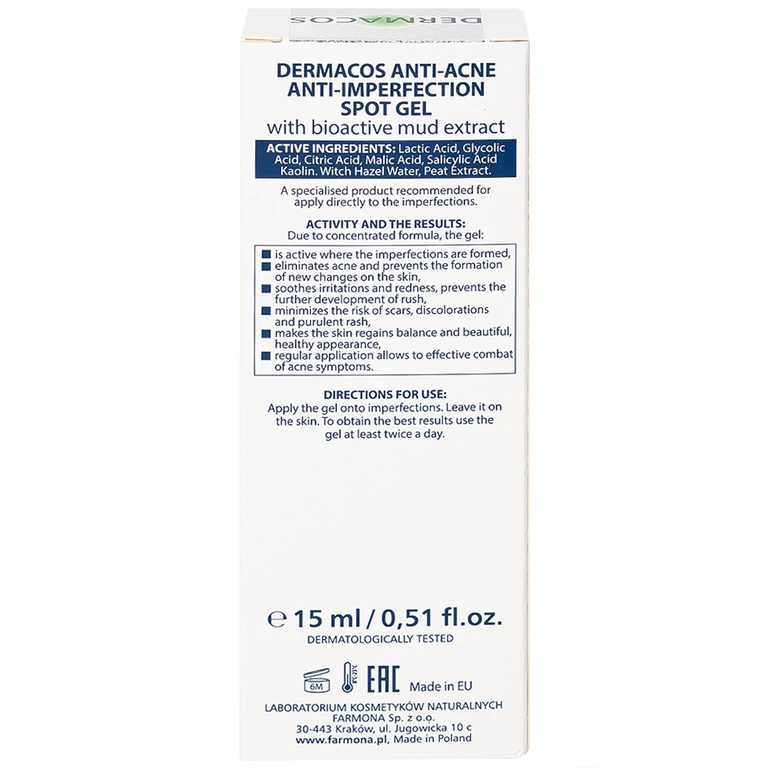 Gel chấm mụn chứa bùn hoạt tính Dermacos Anti-Ance Anti Imperfection Spot Gel giảm và ngăn ngừa mụn (15ml)