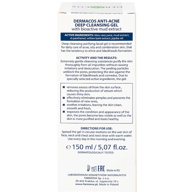 Gel rửa sạch sâu ngừa mụn chứa bùn hoạt tính Dermacos Anti-Acne Deep Cleansing Gel giảm nhờn trên da (150ml)
