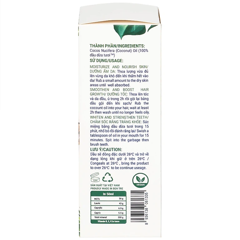 Dầu Dừa Tươi Raw Virgin Coconut Oil Coboté 50ml dưỡng ẩm da, dưỡng tóc, chăm sóc răng miệng