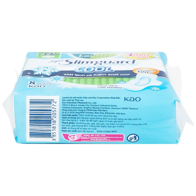 Băng vệ sinh Laurier Super Slimguard Cool Kao kháng khuẩn 99,99%, ngăn nấm Candida (1mm - 8 miếng)