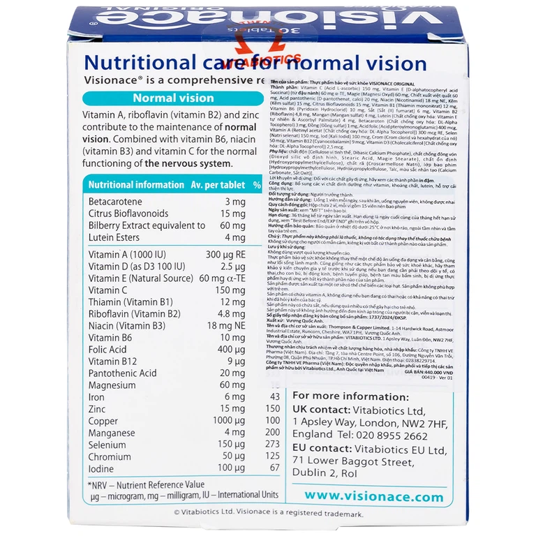 Viên uống Visionace Original Vitabiotics bổ sung vitamin, khoáng chất, lutein, hỗ trợ cải thiện thị lực (2 vỉ x 15 viên)