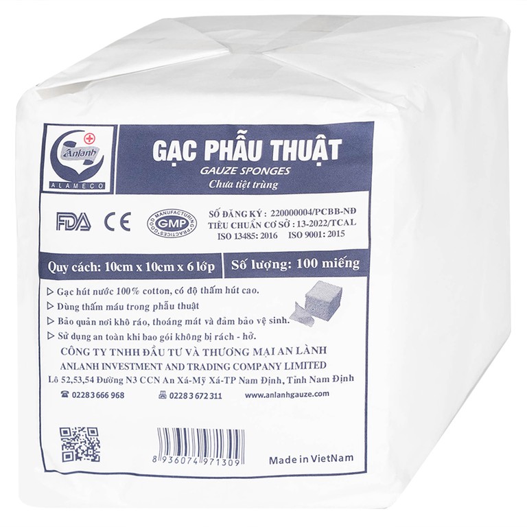 Gạc phẫu thuật An Lành 10cm x 10cm x 6 lớp Alameco dùng thấm máu trong phẫu thuật (100 miếng)