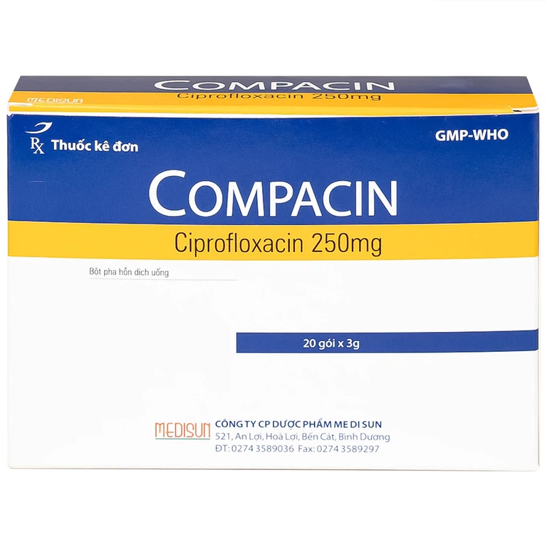 Bột pha hỗn dịch uống Compacin 250mg Medisun dùng cho các nhiễm khuẩn do các vi khuẩn nhạy cảm (20 gói)