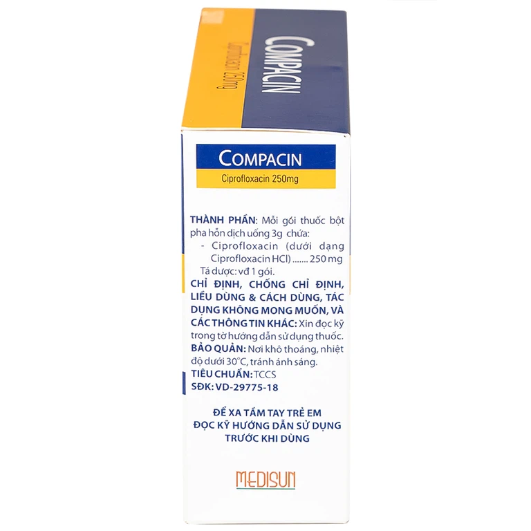 Bột pha hỗn dịch uống Compacin 250mg Medisun dùng cho các nhiễm khuẩn do các vi khuẩn nhạy cảm (20 gói)