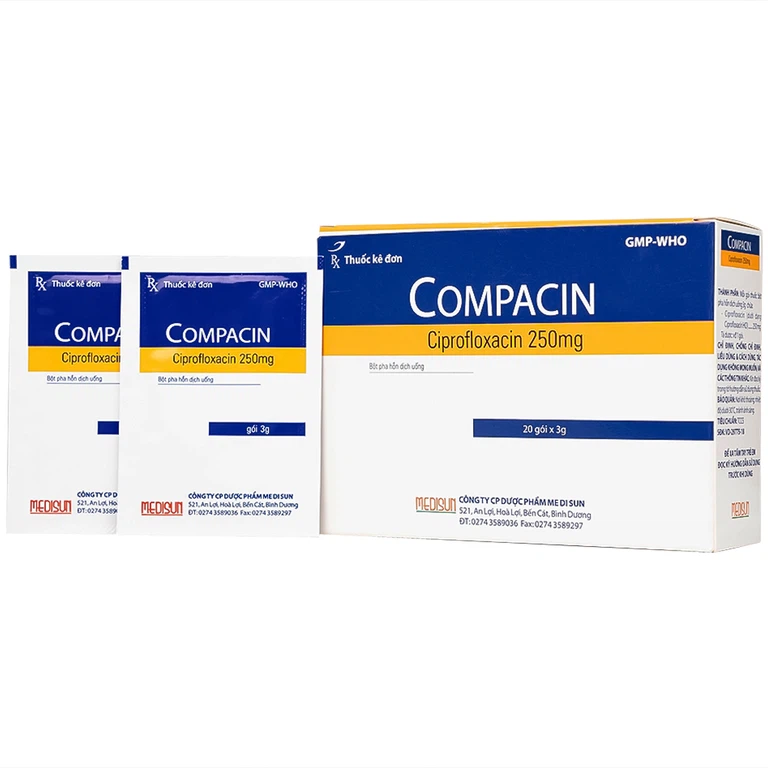 Bột pha hỗn dịch uống Compacin 250mg Medisun dùng cho các nhiễm khuẩn do các vi khuẩn nhạy cảm (20 gói)