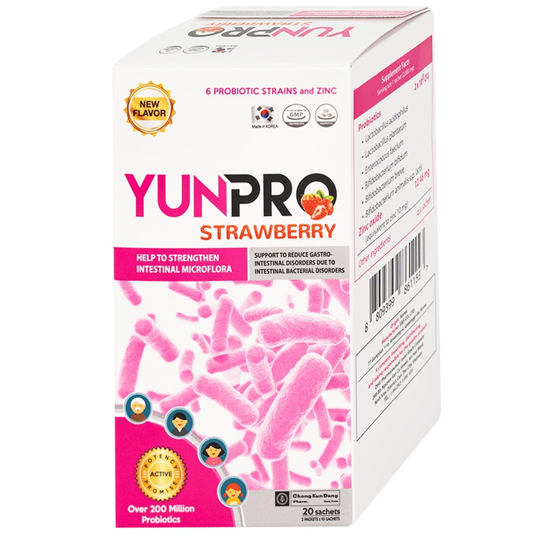 Men vi sinh Yunpro strawberry 2g DHG Pharma bổ sung lợi khuẩn bổ sung lợi khuẩn, giúp tăng cường hệ vi sinh đường ruột (20 gói)