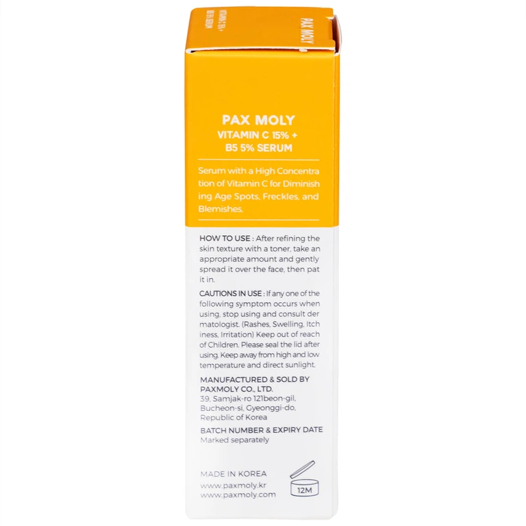 Serum Pax Moly Vitamin C 15% + B5 5% (Orange) giúp dưỡng ẩm, làm sáng da, làm mờ các vết thâm (30ml)