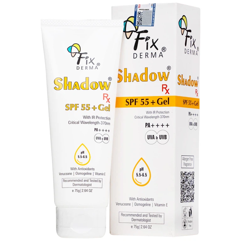 Kem chống nắng Fixderma Shadow SPF 55+ Gel 75g giúp bảo vệ da khỏi tác động của ánh nắng và tia IR
