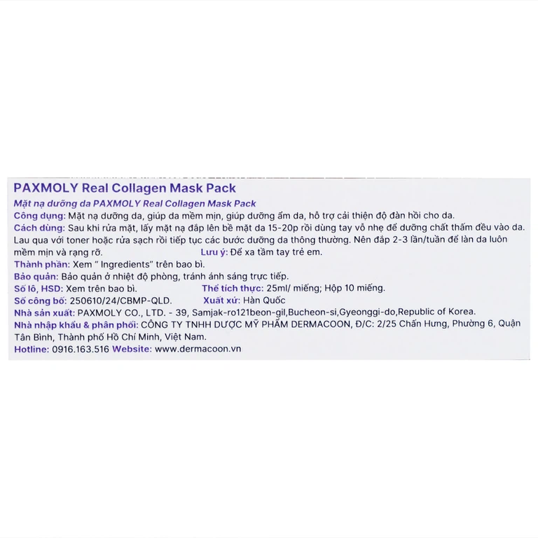 Mặt nạ Pax Moly Real Collagen Mask Pack 10 miếng (Violet) giúp da mềm mịn, cải thiện độ đàn hồi da