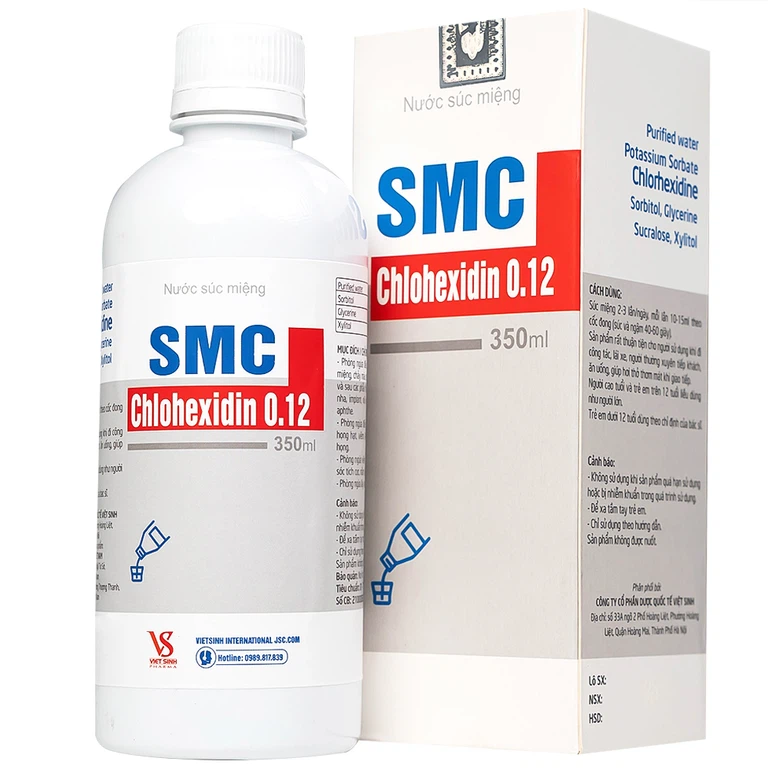 Nước súc miệng SMC Chlohexidin 0.12 Việt Sinh Pharma phòng ngừa và điều trị viêm nướu, viêm nha chu (350ml)