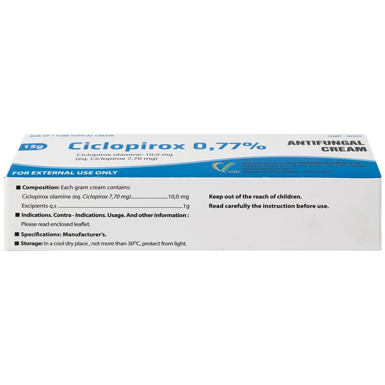 Kem bôi da Ciclopirox 0,77% VCP điều trị nấm da chân, nấm da đùi và nấm da toàn thân (15g)