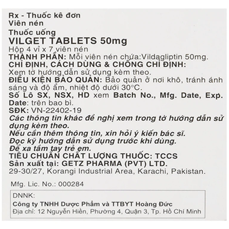 Thuốc Vilget Tablets 50mg Getz điều trị bệnh đái tháo đường típ 2 (4 vỉ x 7 viên)