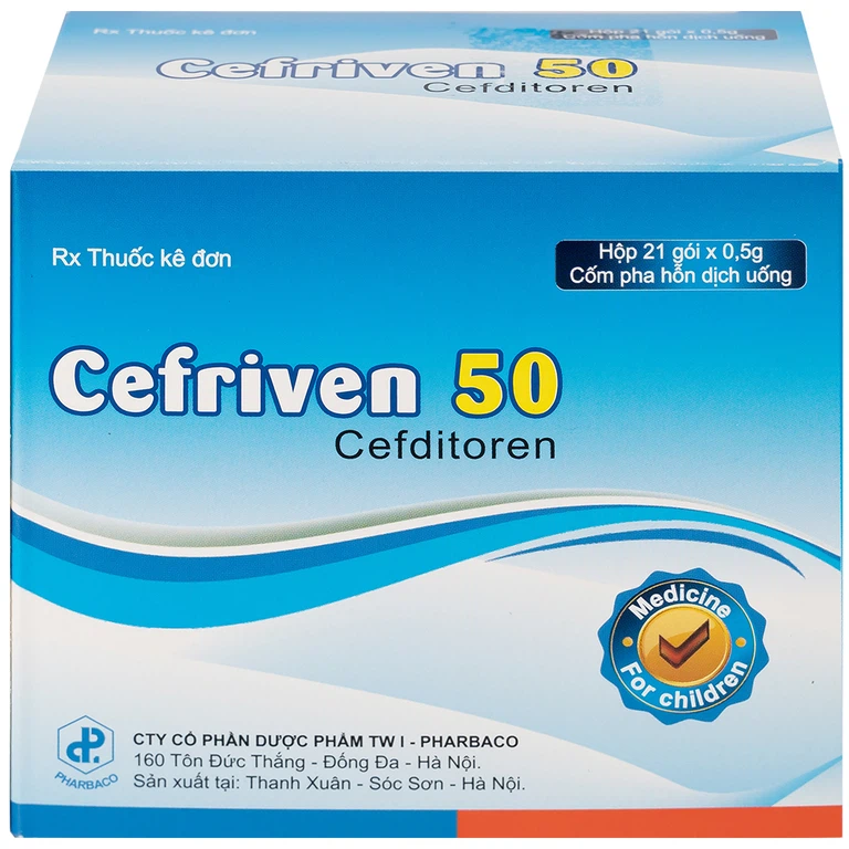 Cốm pha hỗn dịch uống Cefriven 50 điều trị nhiễm khuẩn đường hô hấp, nhiễm khuẩn da, viêm họng, viêm amidan (21 gói x 0.5g)