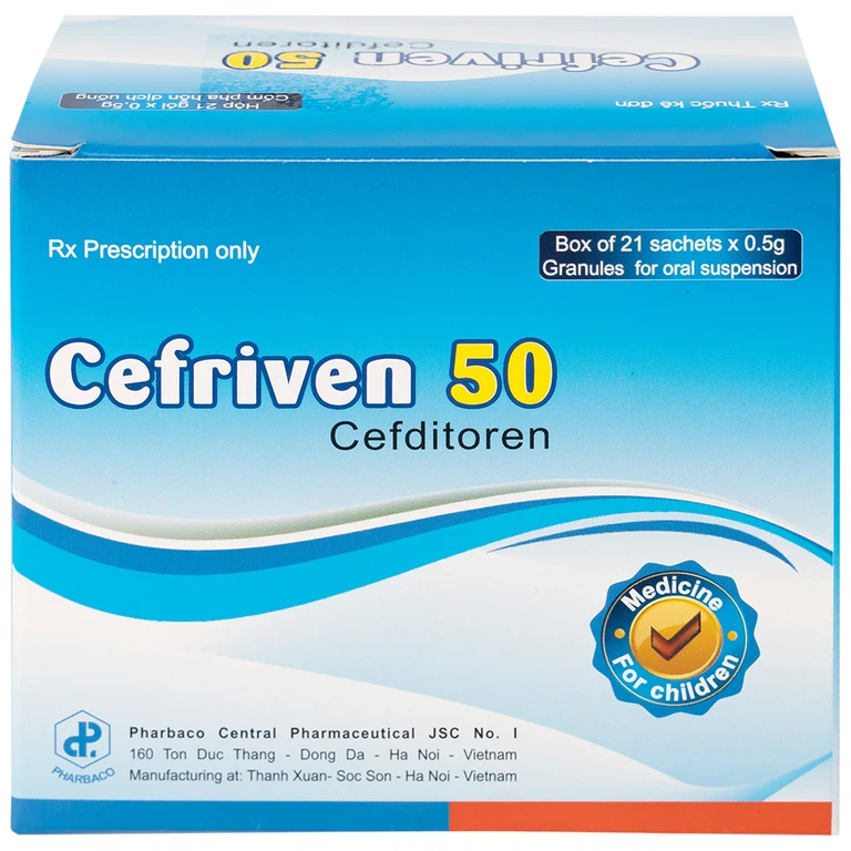 Cốm pha hỗn dịch uống Cefriven 50 điều trị nhiễm khuẩn đường hô hấp, nhiễm khuẩn da, viêm họng, viêm amidan (21 gói x 0.5g)