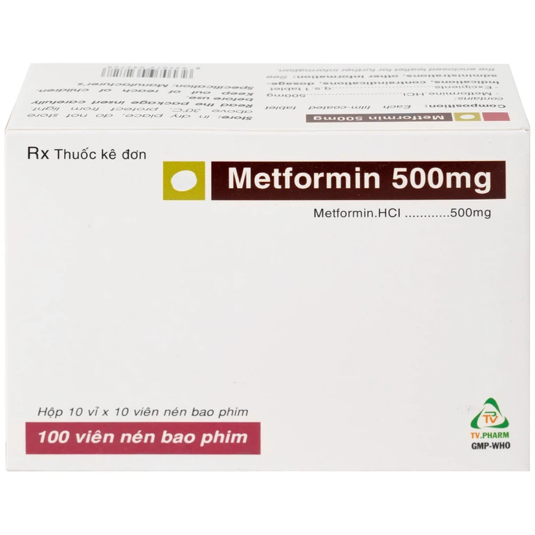 Thuốc Metformin 500mg TV Pharm điều trị đái tháo đường (10 vỉ x 10 viên)