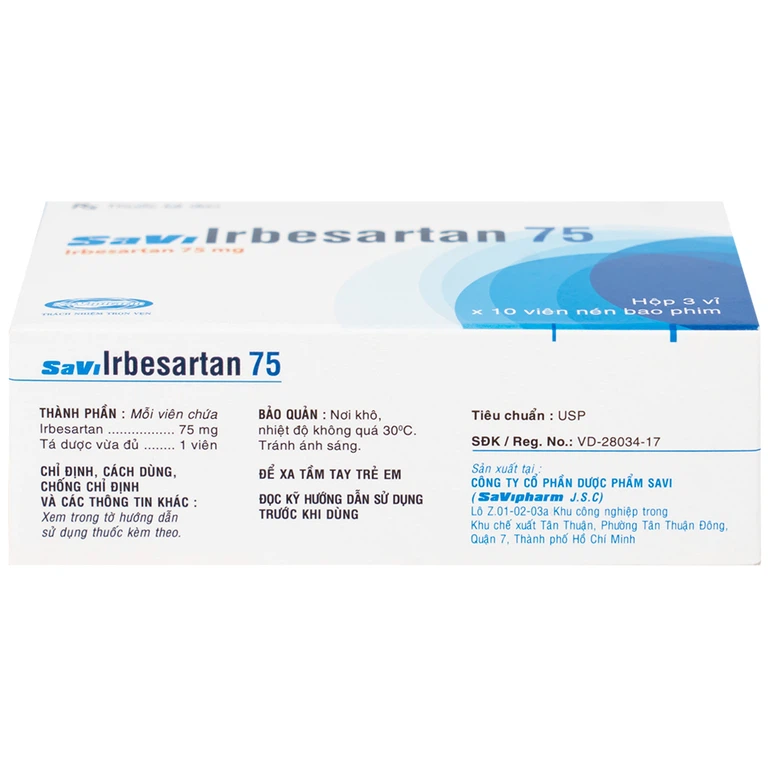Thuốc SaVi Irbesartan 75 SaviPharm điều trị tăng huyết áp, bệnh thận (3 vỉ x 10 viên)