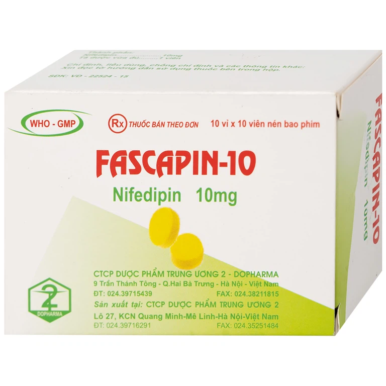 Thuốc Fascapin-10 Nifedipin Trung Ương 2 dự phòng đau thắt ngực, cao huyết áp (10 vỉ x 10 viên)