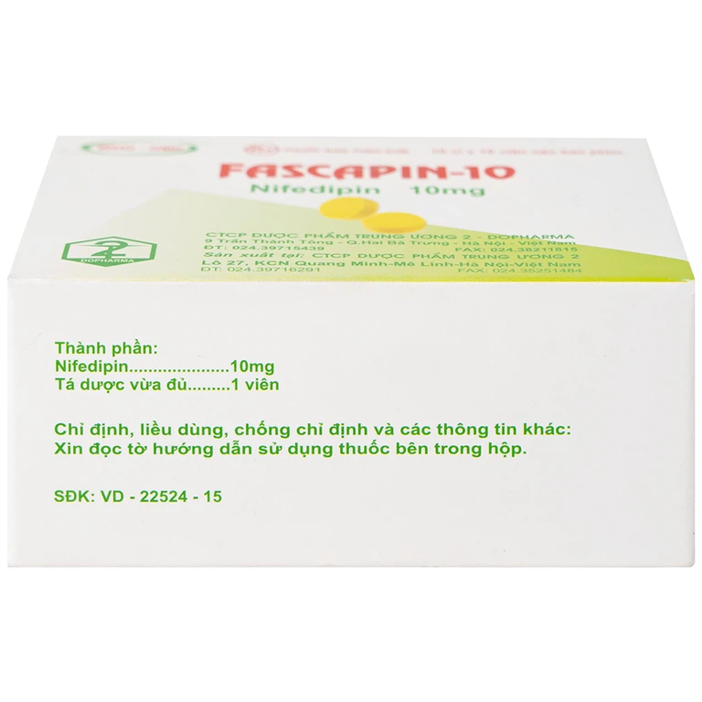 Thuốc Fascapin-10 Nifedipin Trung Ương 2 dự phòng đau thắt ngực, cao huyết áp (10 vỉ x 10 viên)