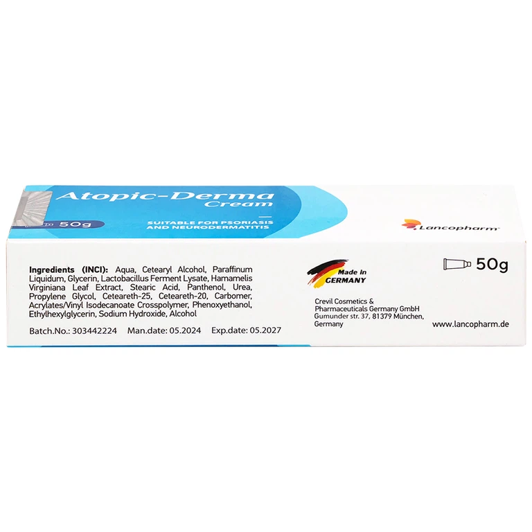 Kem dưỡng ẩm, làm dịu da vị vẩy nến, á sừng, viêm da cơ địa - Atopic Derma Cream Lancopharm 50g