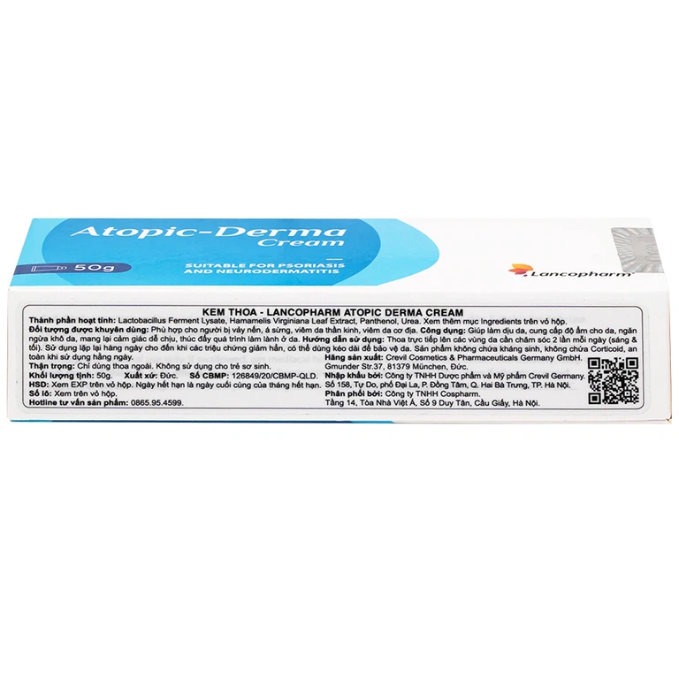 Kem dưỡng ẩm, làm dịu da vị vẩy nến, á sừng, viêm da cơ địa - Atopic Derma Cream Lancopharm 50g