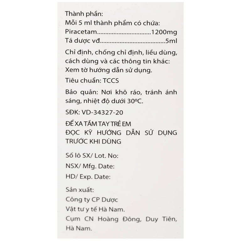 Thuốc Pidoncam 1200mg/5ml Hà Nam điều trị triệu chứng chóng mặt, suy giảm trí nhớ (20 ống x 10ml)