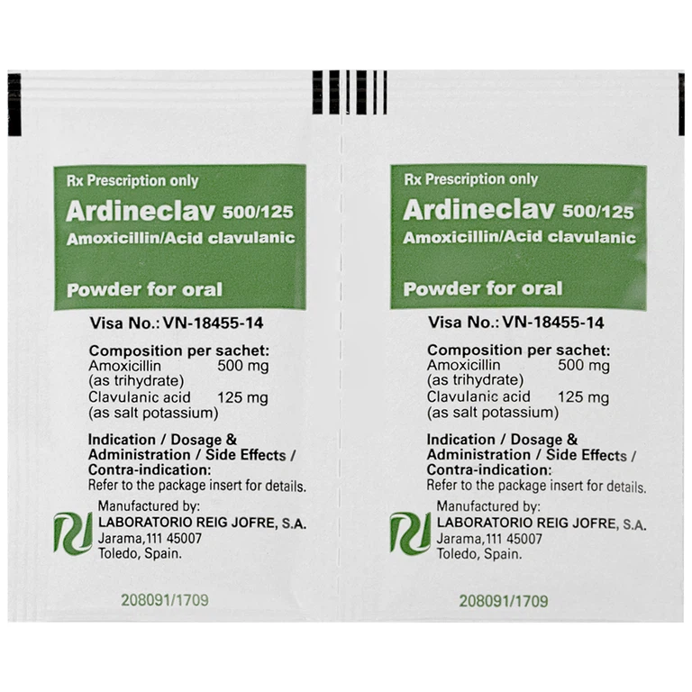 Bột pha hỗn dịch uống Ardineclav 500/125 Laboratorio Reig Jofre điều trị ngắn ngày nhiễm khuẩn (12 gói)