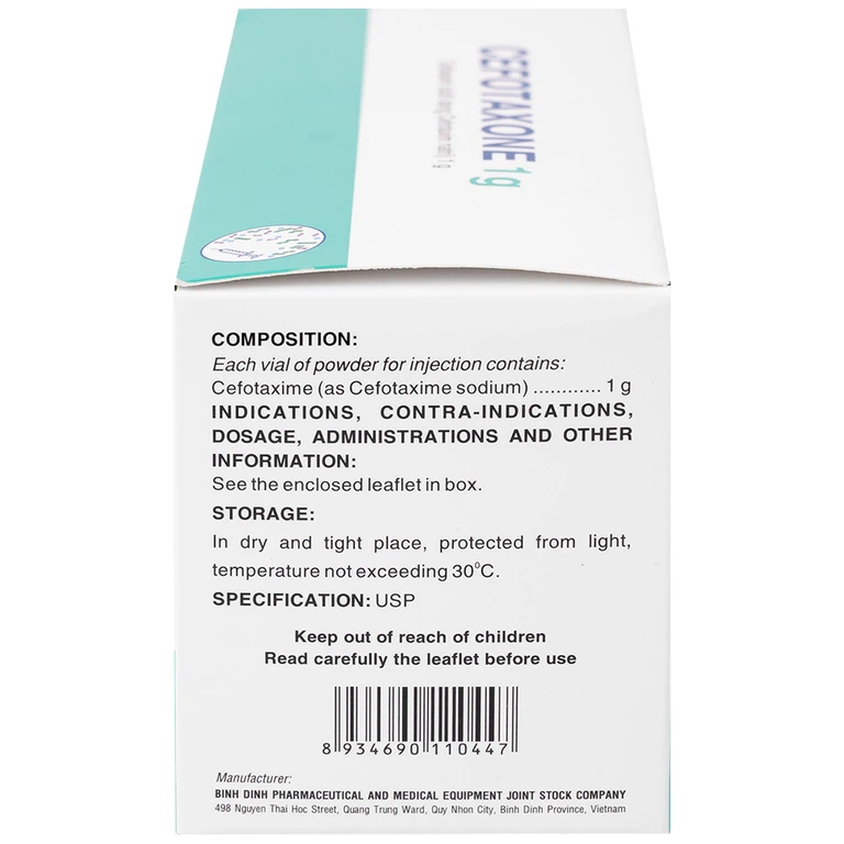 Bột pha tiêm Cefotaxone 1g Bidiphar điều trị các bệnh nhiễm khuẩn nặng (10 lọ)