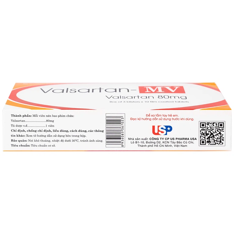 Thuốc Valsartan-MV 80mg USP điều trị bệnh tăng huyết áp và suy tim (3 vỉ x 10 viên)