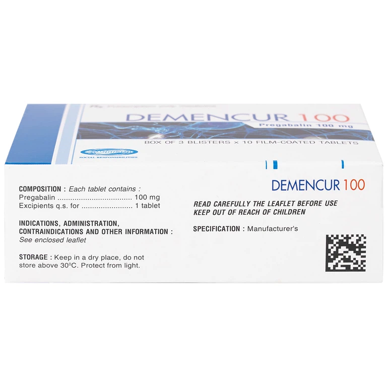 Thuốc Demencur 100 DaviPharm điều trị đau thần kinh trung ương và ngoại vi (3 vỉ x 10 viên)