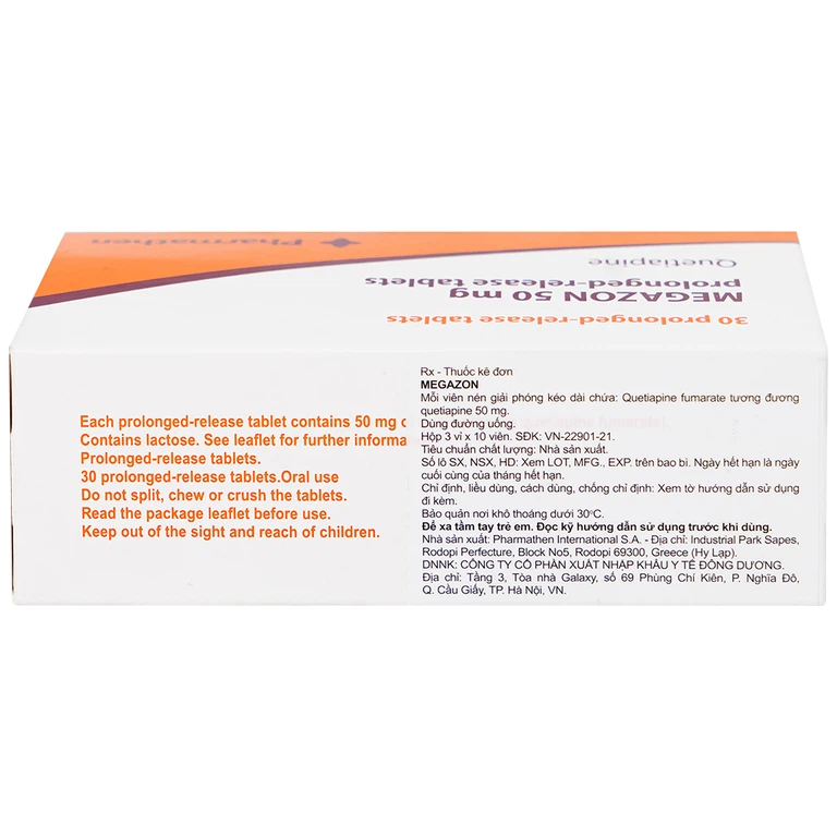 Thuốc Megazon 50mg prolonged-release tablets Pharmathen điều trị tâm thần phân liệt (3 vỉ x 10 viên)