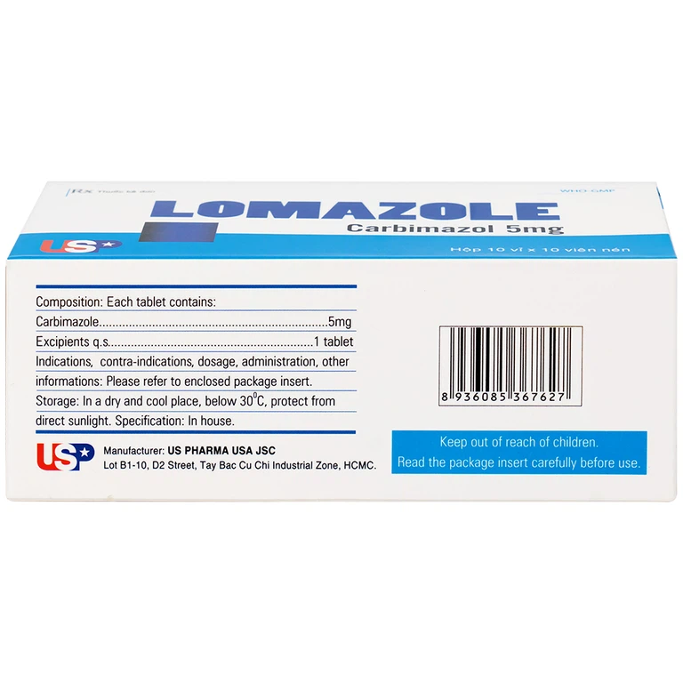 Thuốc Lomazole 5mg US Pharma điều trị bệnh Basedow, nhiễm độc tuyến giáp, cường giáp khi thai nghén (10 vỉ x 10 viên)