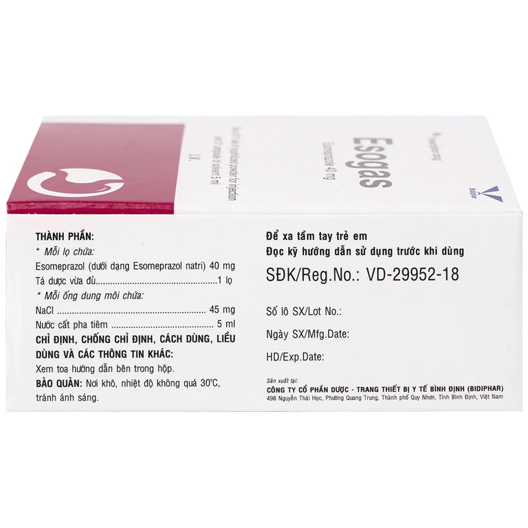 Thuốc Esogas 40mg Bidiphar điều trị kháng tiết acid dạ dày (1 lọ + 1 ống 5ml)