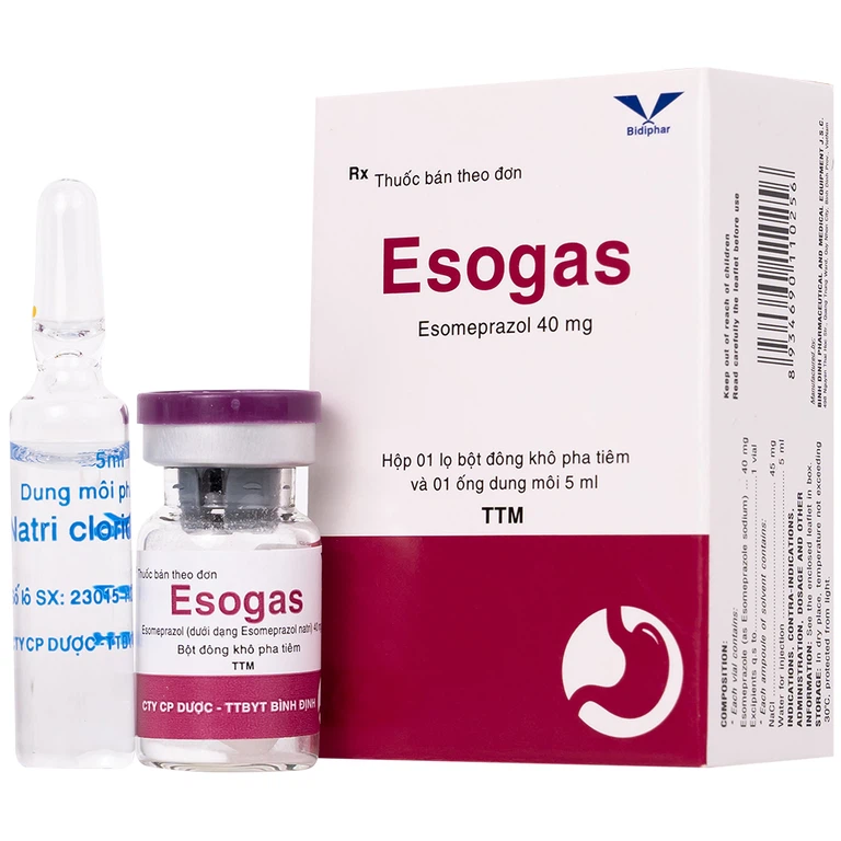 Thuốc Esogas 40mg Bidiphar điều trị kháng tiết acid dạ dày (1 lọ + 1 ống 5ml)