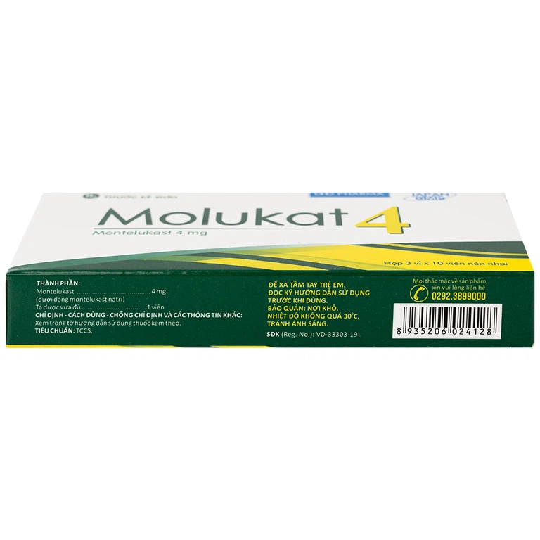 Thuốc Molukat 4Mg Dhg phòng và điều trị hen suyễn mức nhẹ đến trung bình (3 vỉ x 10 viên)