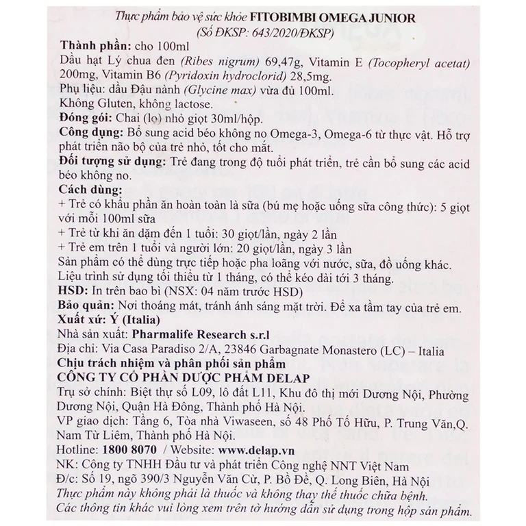 Siro Fitobimbi Omega Junior Gocce Pharmalife bổ sung acid béo không no Omega-3, Omega-6 (30ml)