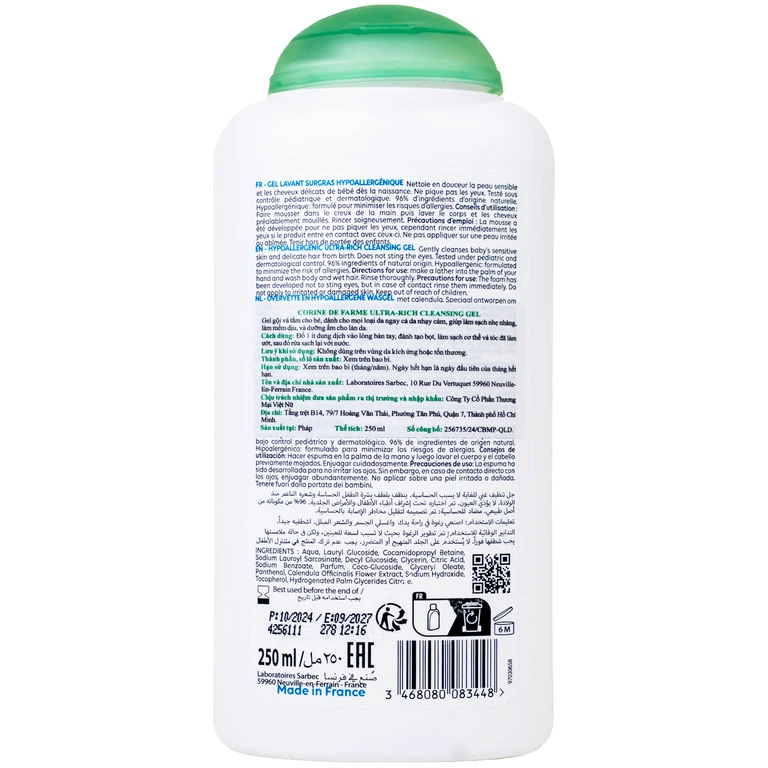 Gel gội và tắm cho bé Corine De Farme Baby Ultra Rich Cleansing Gel dành cho mọi loại da