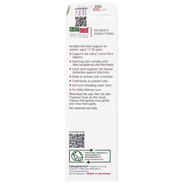 Dung dịch vệ sinh phụ nữ Intimate Wash Foam Sebamed giúp làm sạch dịu nhẹ đa vùng kín, giúp ngăn mùi hôi (200ml)
