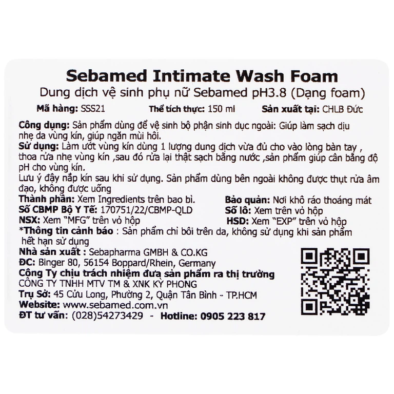 Dung dịch vệ sinh phụ nữ Intimate Wash Foam Sebamed giúp làm sạch dịu nhẹ đa vùng kín, giúp ngăn mùi hôi (200ml)