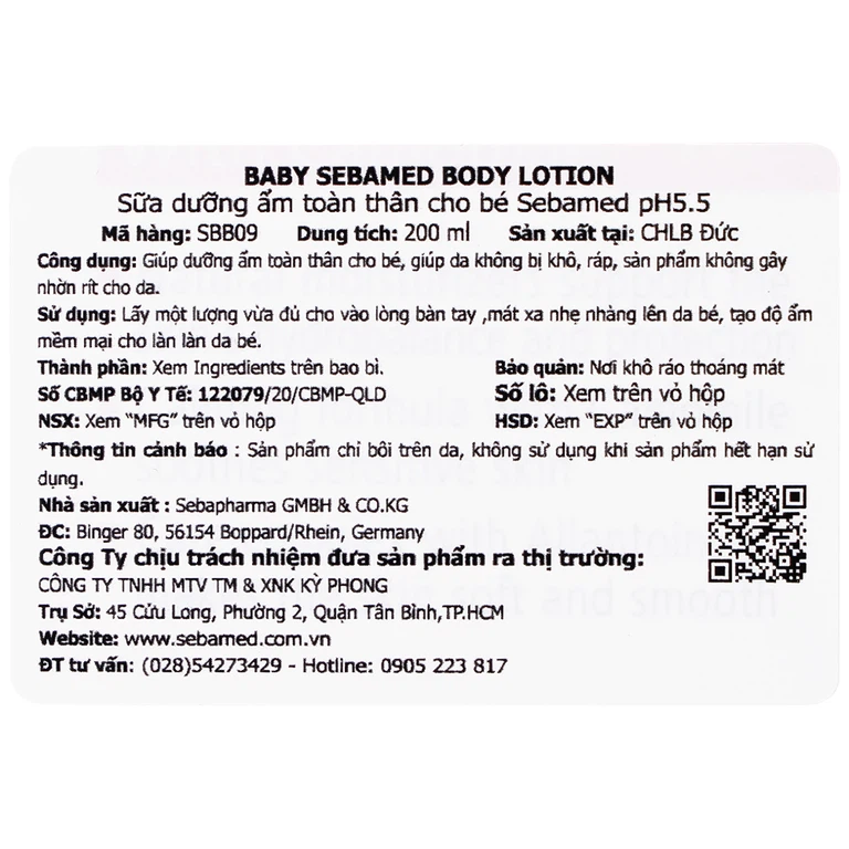 Sữa dưỡng ẩm toàn thân cho bé Baby Sebamed Body Lotion ph 5.5 giúp da không bị khô ráp, dưỡng ẩm toàn thân (200ml)