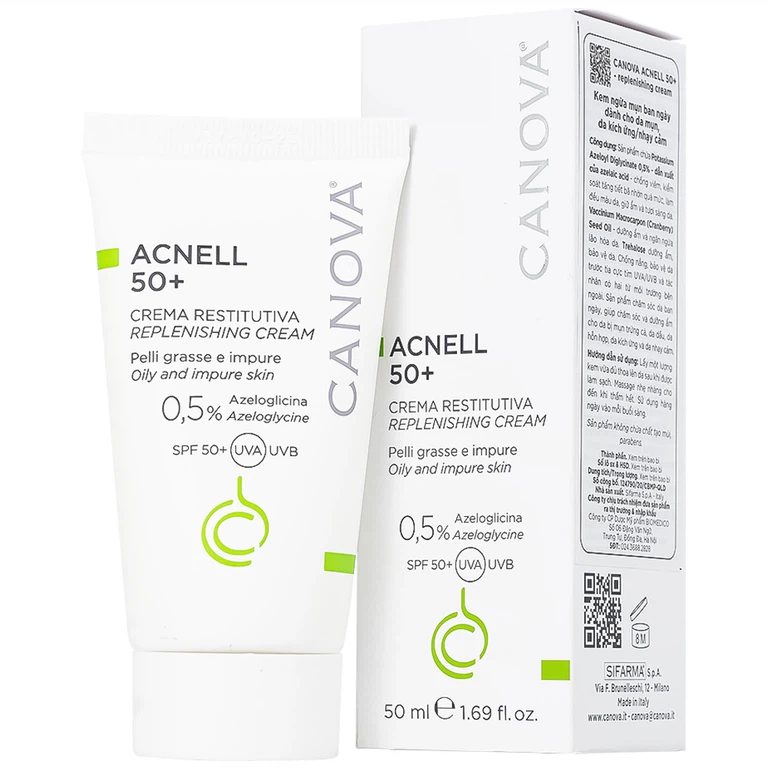 Kem ngừa mụn ban ngày Canova Acnell 50+ giúp chăm sóc và dưỡng ẩm cho da bị mụn, da kích ứng và da nhạy cảm (50ml)