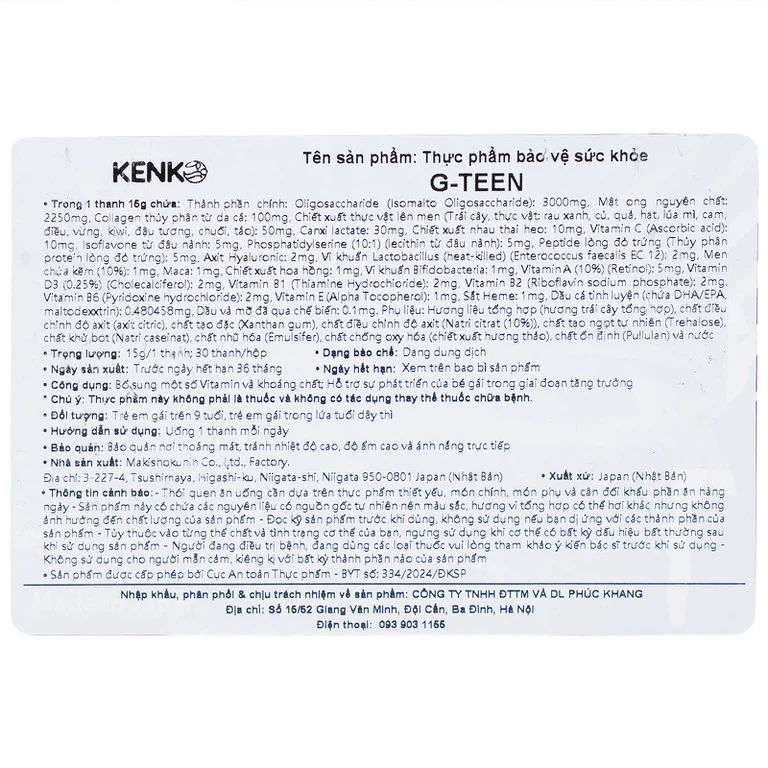 Thực phẩm bảo vệ sức khỏe G-TEEN Kenko hỗ trợ phát triển cho bé gái giai đoạn dậy thì (30 gói x 15g)