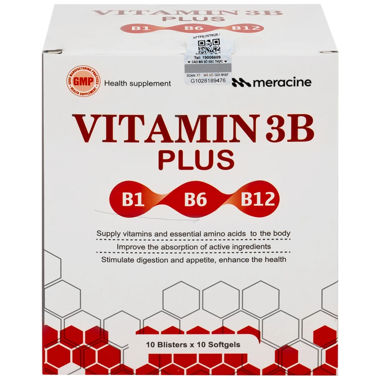 Viên uống Vitamin 3B Plus Meracine bổ sung vitamin B1, B6, B12, acid amin cho cơ thể (10 vỉ x 10 viên)
