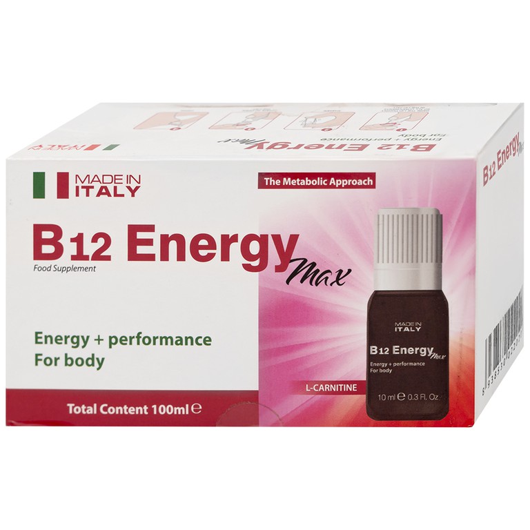 Dung dịch uống B12 Energy Max Italy bổ sung acid amin và vitamin B12 cho cơ thể (10 lọ x 10ml)