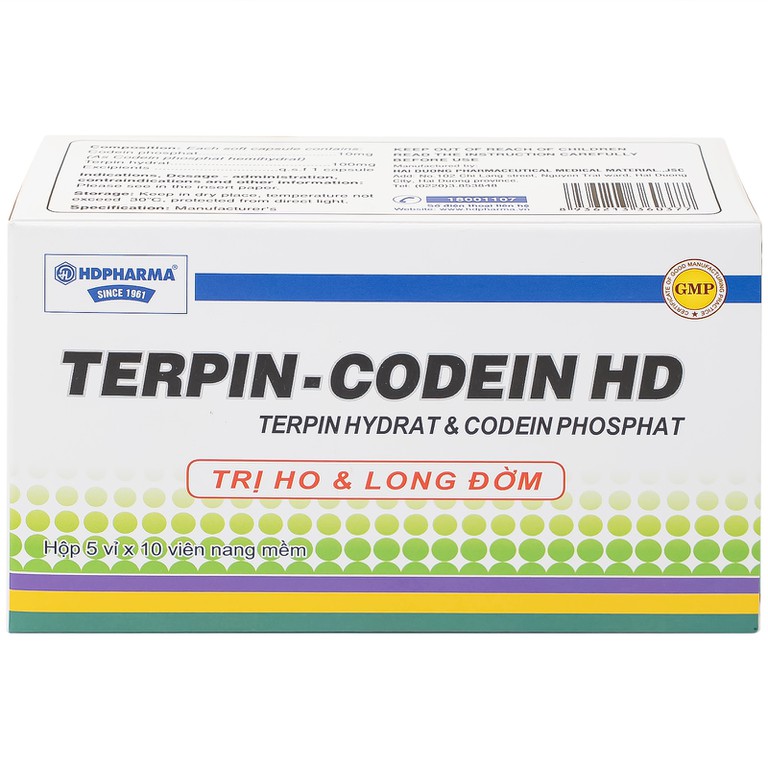 Thuốc Terpin-codein HD Hdpharma điều trị triệu chứng ho khan hoặc kích ứng (5 vỉ x 10 viên)