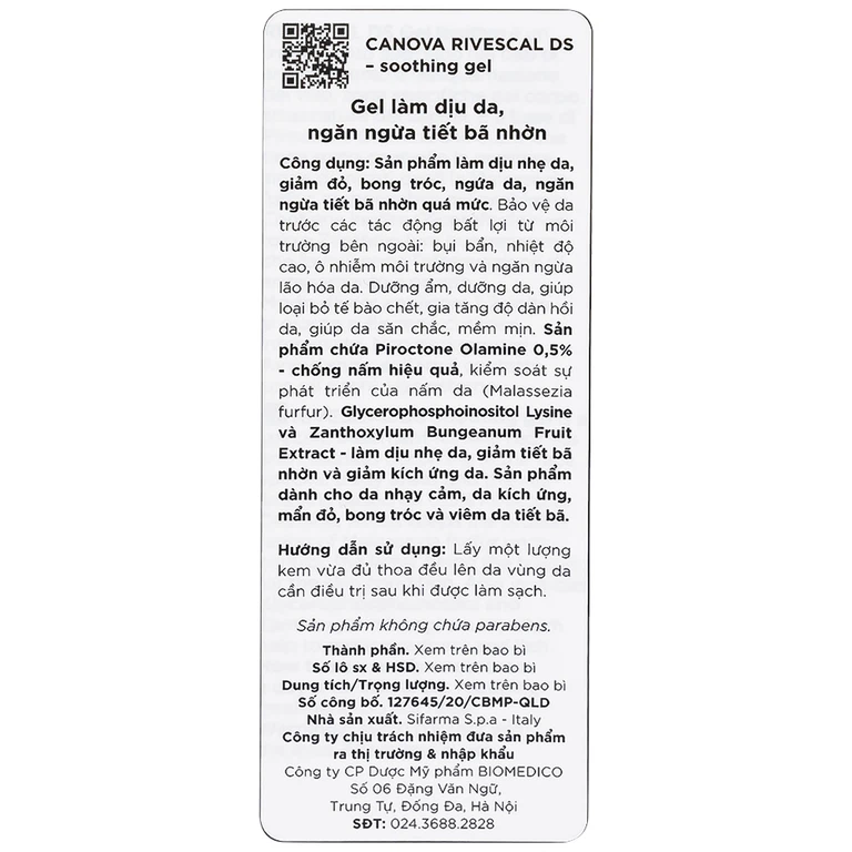 Gel Canova Rivescal DS Soothing gel Siflarma làm dịu da, ngăn ngừa tiết bã nhờn, giảm ngứa da (50ml)