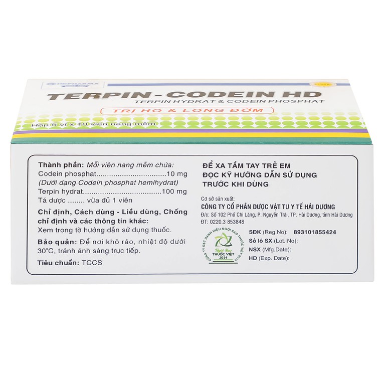 Thuốc Terpin-codein HD Hdpharma điều trị triệu chứng ho khan hoặc kích ứng (5 vỉ x 10 viên)