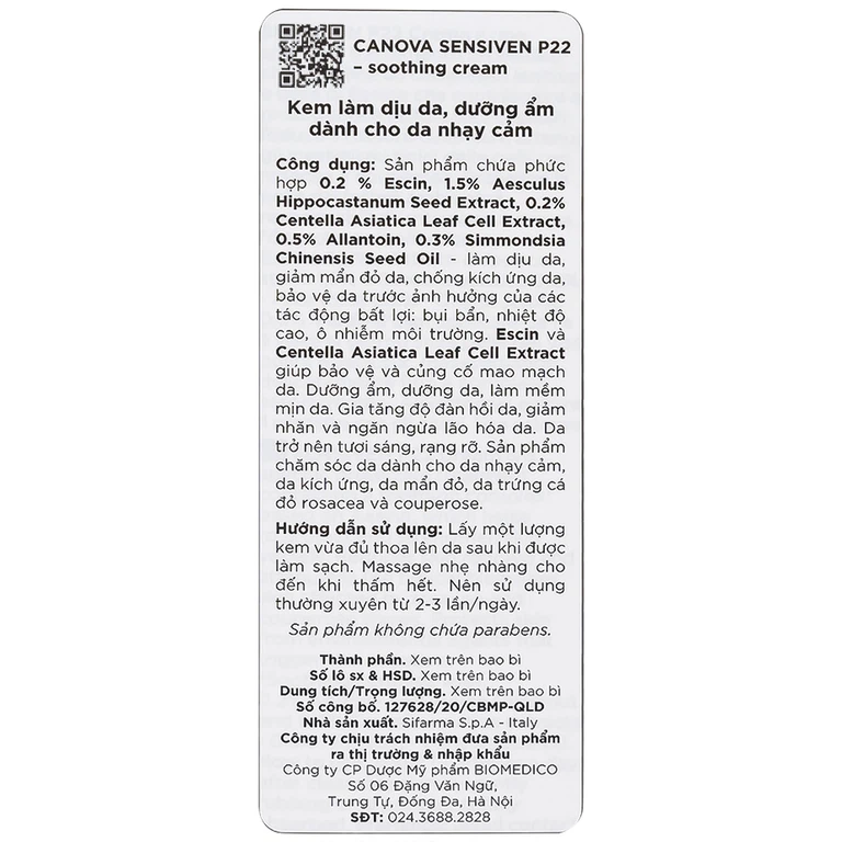 Kem bôi Canova Sensiven P22 Soothing Cream Sifarma làm dịu da, dưỡng ẩm cho da nhạy cảm (50ml)