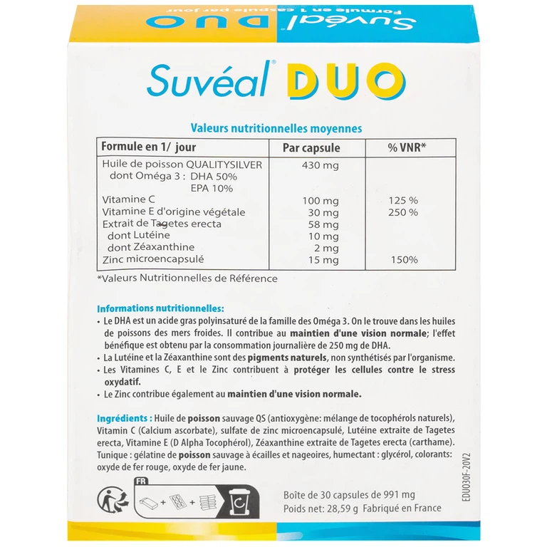 Viên uống Suvéal Duo Densmore Laboratoire bổ sung Omega 3, hỗ trợ cho sự phát triển não bộ và thị giác (2 vỉ x 15 viên)